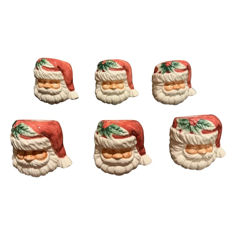 Vintage Ceramic Santa Head Napkin Rings Set of 6 Christmas Holiday Table